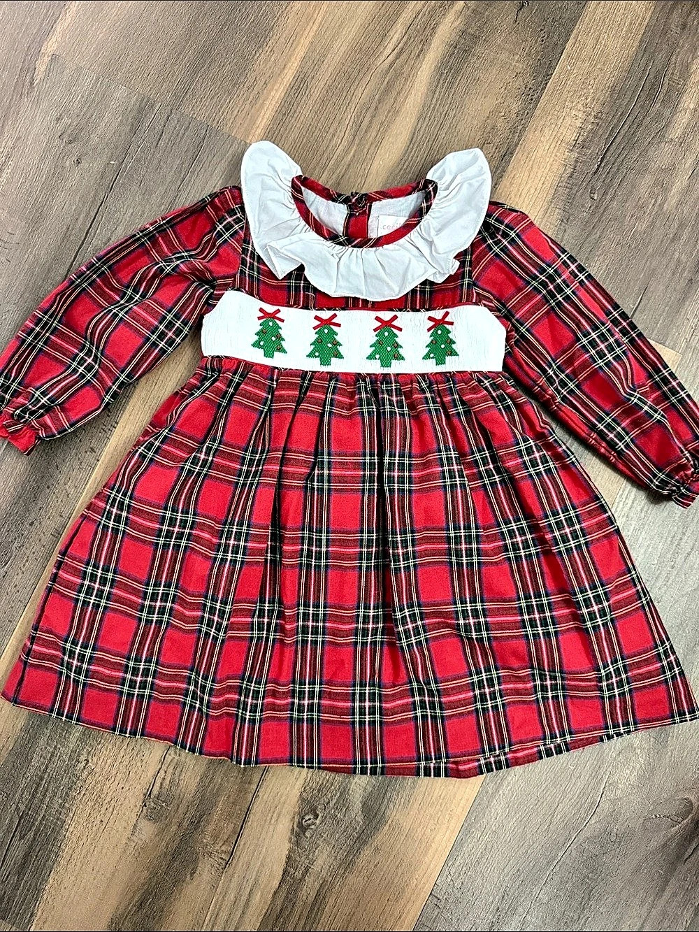 Cecil and Lou Red and Green Plaid Christmas Tree Smocked Dress 3T